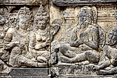 Prambanan - Ramayana reliefs of Shiva Temple. Scene 3: The royal rsi Vishvamitra receives visit from Dasharatha.